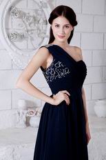 Affordable One Shoulder Navy Blue Side Zip Evening Dress