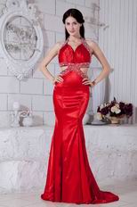 Classic Halter Beaded Mermaid Red Celebrity Dress