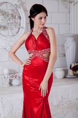 Classic Halter Beaded Mermaid Red Celebrity Dress