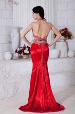 Classic Halter Beaded Mermaid Red Celebrity Dress