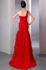 Amazing One Shoulder Cascade Skirt Red Evening Chiffon Dress