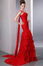 Amazing One Shoulder Cascade Skirt Red Evening Chiffon Dress