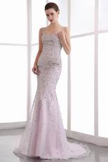 Amazing Spaghetti Straps Trumpet Pink Beaded Evening Dress