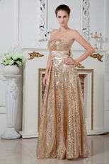 Flaring Strapless Gold Sequin Fabric Evening Dress With Sash