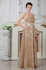 Flaring Strapless Gold Sequin Fabric Evening Dress With Sash