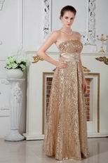 Flaring Strapless Gold Sequin Fabric Evening Dress With Sash