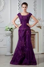 Square Neck Appliques Grape Organza Evening Dress Modest