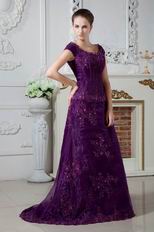 Square Neck Appliques Grape Organza Evening Dress Modest