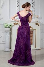 Square Neck Appliques Grape Organza Evening Dress Modest