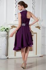 Unique Halter Colored Crystals Grape Short Evening Dress