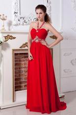 Red Chiffon Halter Floor Length Celebrity Evening Dresses