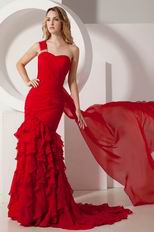 Wine Red One Shoulder Mermaid Ruffles Skirt Celebrity Dress