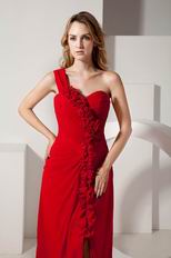 Designer One Shoulder Rosette Sexy Split Red Evening Dress