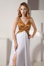 Inexpensive Straps Backless Gold And White Evening Dress