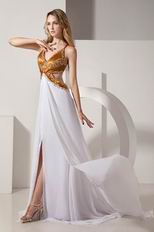 Inexpensive Straps Backless Gold And White Evening Dress