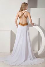 Inexpensive Straps Backless Gold And White Evening Dress