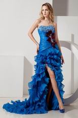 Unique Feather Ruffle Layers Split Skirt Blue Evening Dress