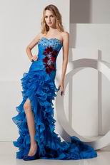 Unique Feather Ruffle Layers Split Skirt Blue Evening Dress