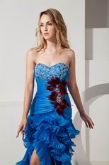 Unique Feather Ruffle Layers Split Skirt Blue Evening Dress