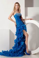 Unique Feather Ruffle Layers Split Skirt Blue Evening Dress