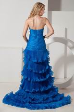 Unique Feather Ruffle Layers Split Skirt Blue Evening Dress