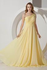 Ruched One Shoulder Side Zip Yellow Evening Dress