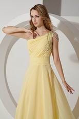 Ruched One Shoulder Side Zip Yellow Evening Dress