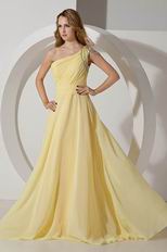 Ruched One Shoulder Side Zip Yellow Evening Dress