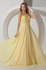 Ruched One Shoulder Side Zip Yellow Evening Dress