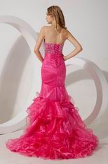 Fuchsia Flowers Decorate Beaded Mermaid Layers Evening Dress