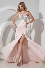 Spaghetti Straps High Split Skirt Pink Pageant Evening Dress