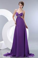Affordable Crystals Exposed Backless Purple Evening Dress