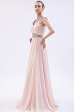 V Neckline Floor Length Pink Formal Evening Dress