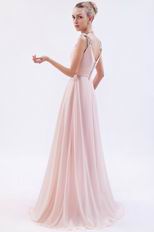 V Neckline Floor Length Pink Formal Evening Dress