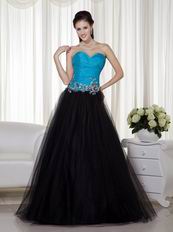 Deisgner Blue and Black Ocassional Dress With Applique