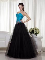 Deisgner Blue and Black Ocassional Dress With Applique