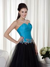 Deisgner Blue and Black Ocassional Dress With Applique