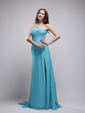 Watteau Aqua Dress With One Shoulder Skirt For Evening