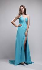 Watteau Aqua Dress With One Shoulder Skirt For Evening