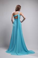 Watteau Aqua Dress With One Shoulder Skirt For Evening