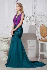 Unique V-Neck Colorful Purple And Dark Green Prom Dress Petite