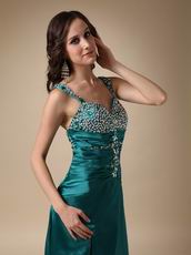 Colorful Diamonds Teal Evening Dress With Side Split Skirt