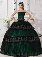 Dark Green Quinceanera Dress Covered With Black Tulle