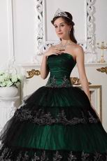 Dark Green Quinceanera Dress Covered With Black Tulle