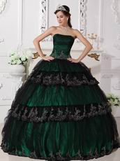 Dark Green Quinceanera Dress Covered With Black Tulle