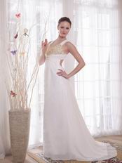 New Style Cross Back White Prom Dress With Golden Pearl