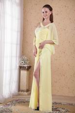 Side Slit One Shoulder Light Yellow Prom Dress With Cappa