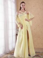 Side Slit One Shoulder Light Yellow Prom Dress With Cappa