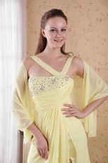 Side Slit One Shoulder Light Yellow Prom Dress With Cappa