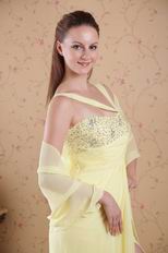 Side Slit One Shoulder Light Yellow Prom Dress With Cappa